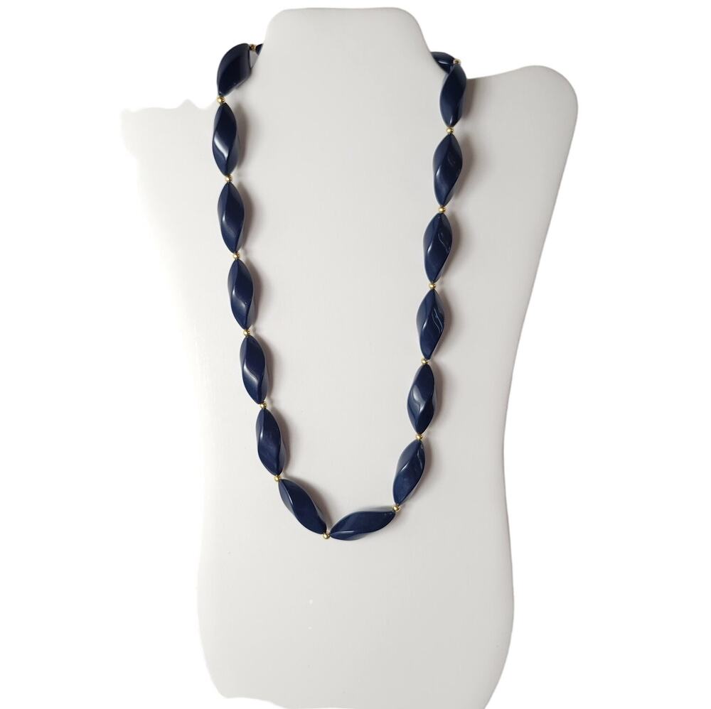 Vintage Trifari Navy Blue Twisted Bead Necklace 24" Gold Clasp